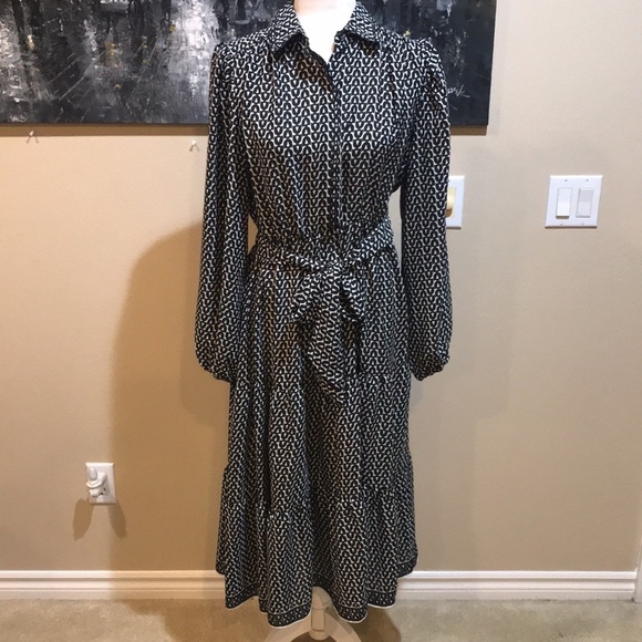 NWT Max Studio London Puffed Sleeve Button Down Tiered Hem Tie Waist Dress-L - Picture 1 of 10